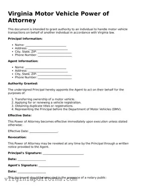 Attorney-Approved Virginia Motor Vehicle Power of Attorney Document