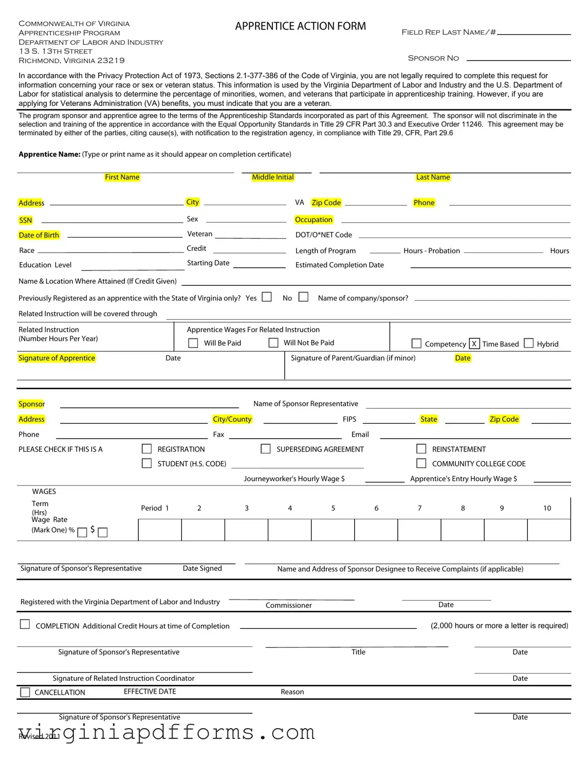 Fill in a Valid Virginia Apprentice Action Template