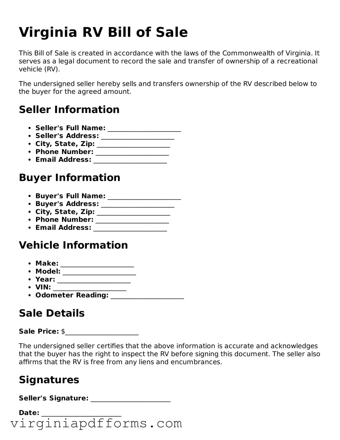 Attorney-Approved Virginia RV Bill of Sale Document