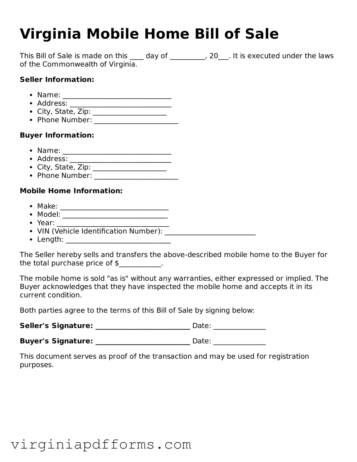 Attorney-Approved Virginia Mobile Home Bill of Sale Document