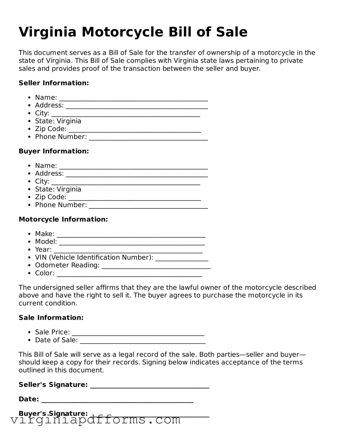 Attorney-Approved Virginia Motorcycle Bill of Sale Document