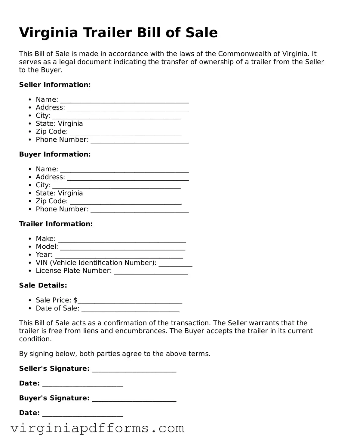 Attorney-Approved Virginia Trailer Bill of Sale Document