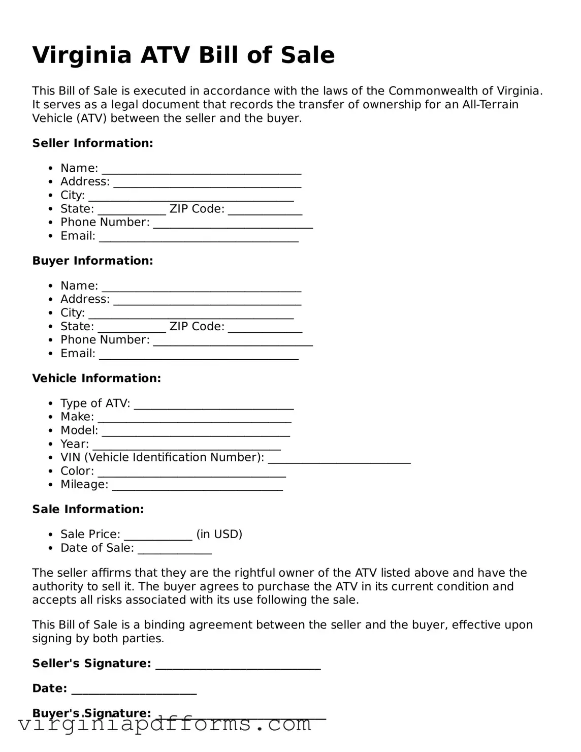 Attorney-Approved Virginia ATV Bill of Sale Document
