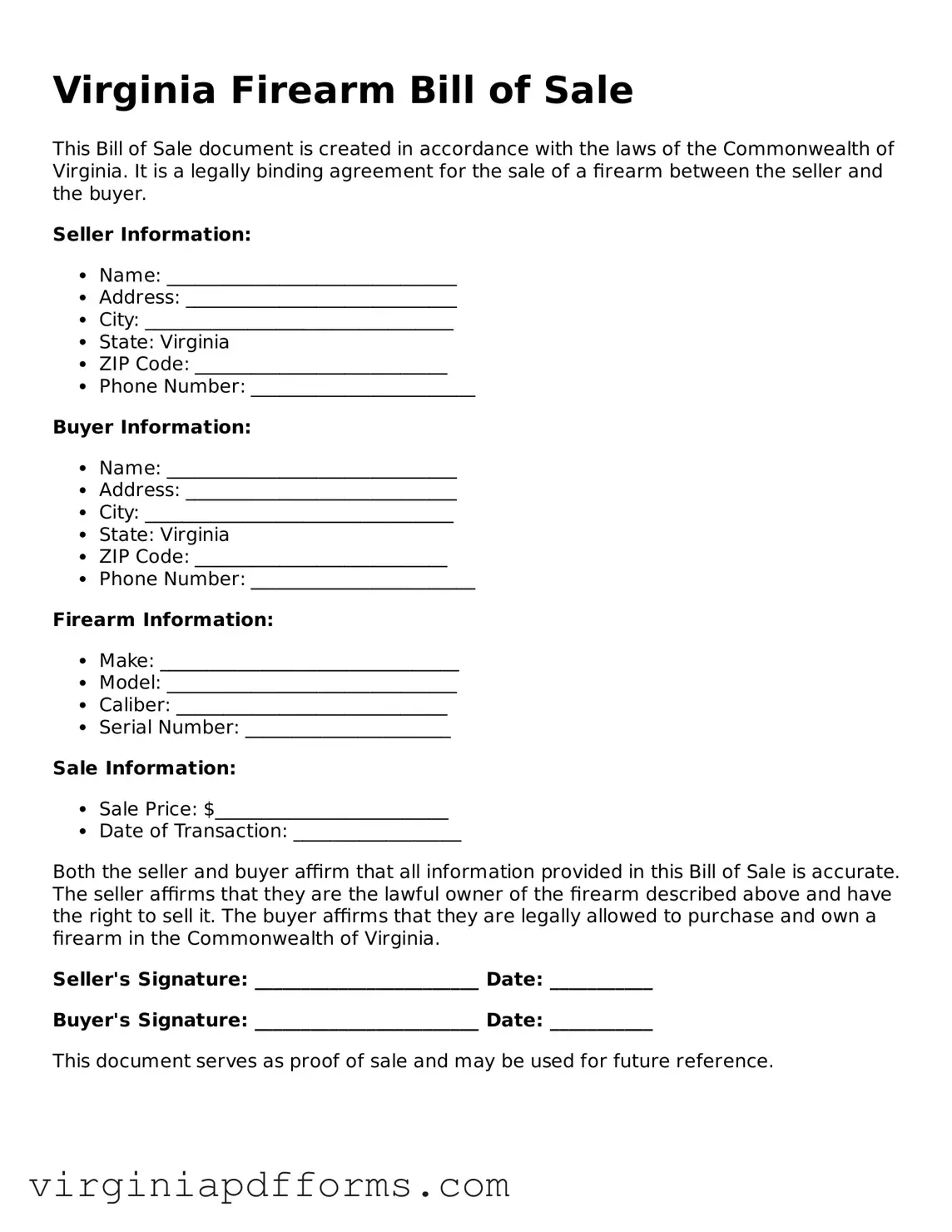 Attorney-Approved Virginia Firearm Bill of Sale Document