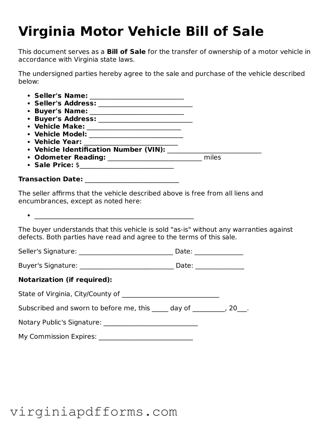 Attorney-Approved Virginia Motor Vehicle Bill of Sale Document