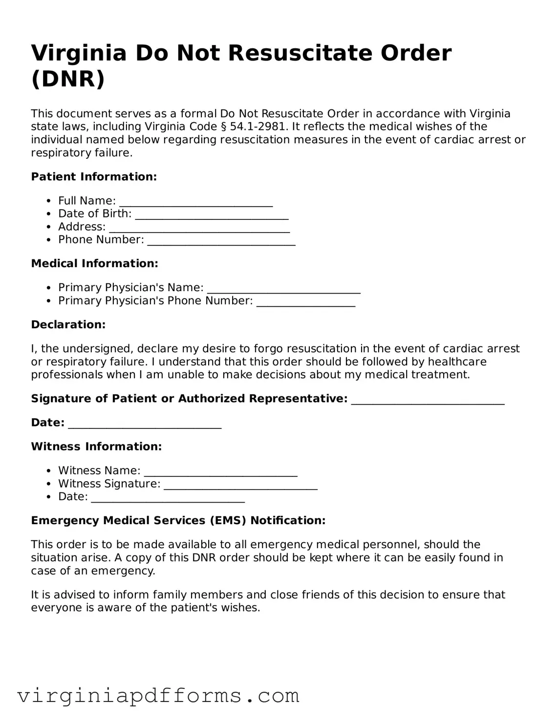 Attorney-Approved Virginia Do Not Resuscitate Order Document