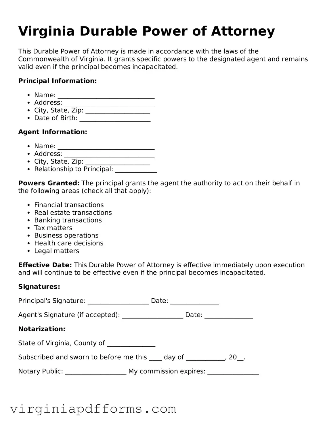 Attorney-Approved Virginia Durable Power of Attorney Document