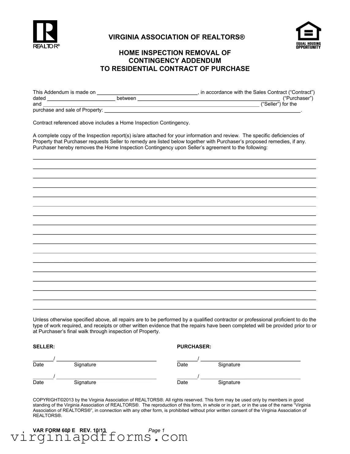 Fill in a Valid Virginia Home Inspection Addendum Template