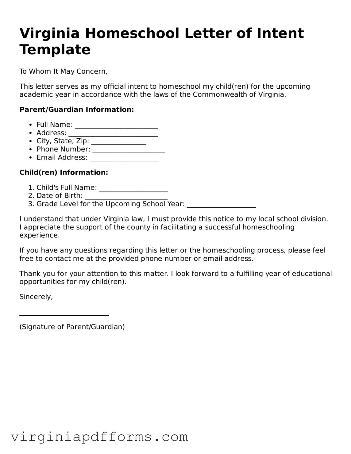 Attorney-Approved Virginia Homeschool Letter of Intent Document