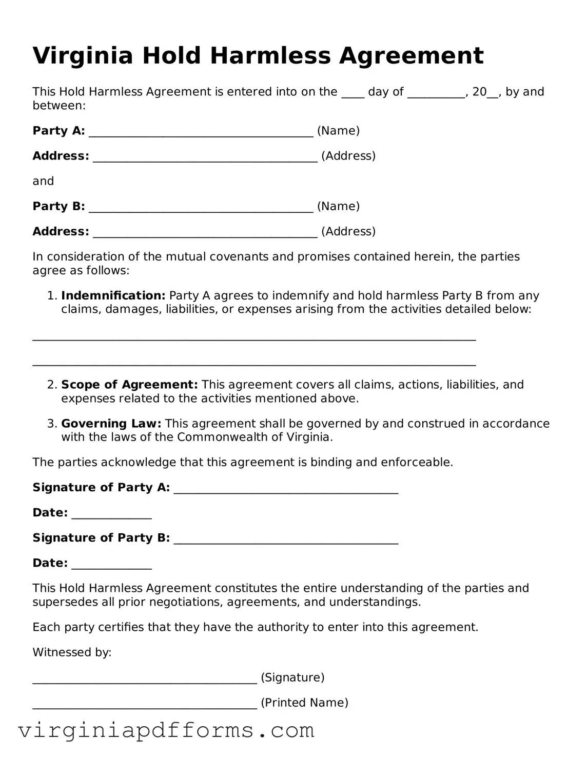 Attorney-Approved Virginia Hold Harmless Agreement Document