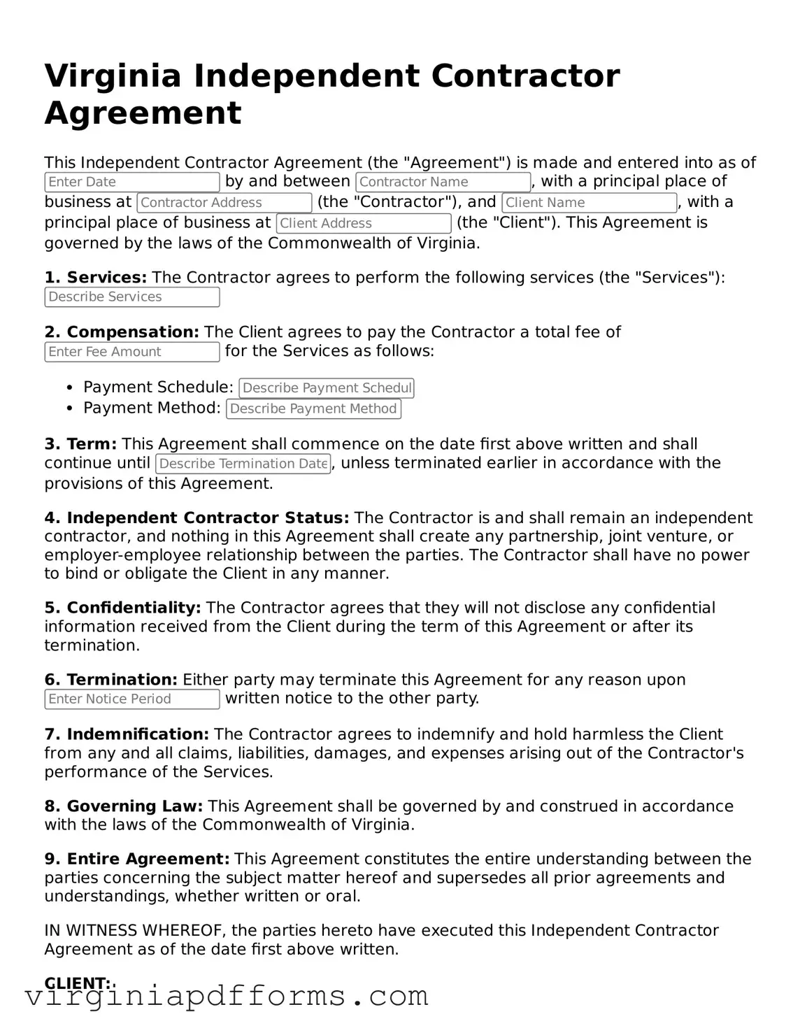 Attorney-Approved Virginia Independent Contractor Agreement Document