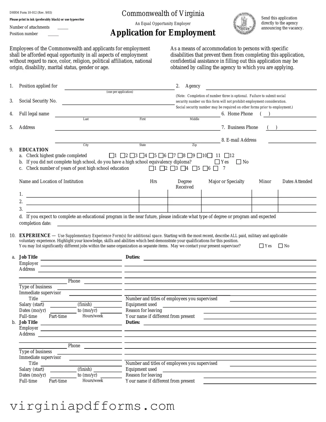 Fill in a Valid Virginia Job Application Template