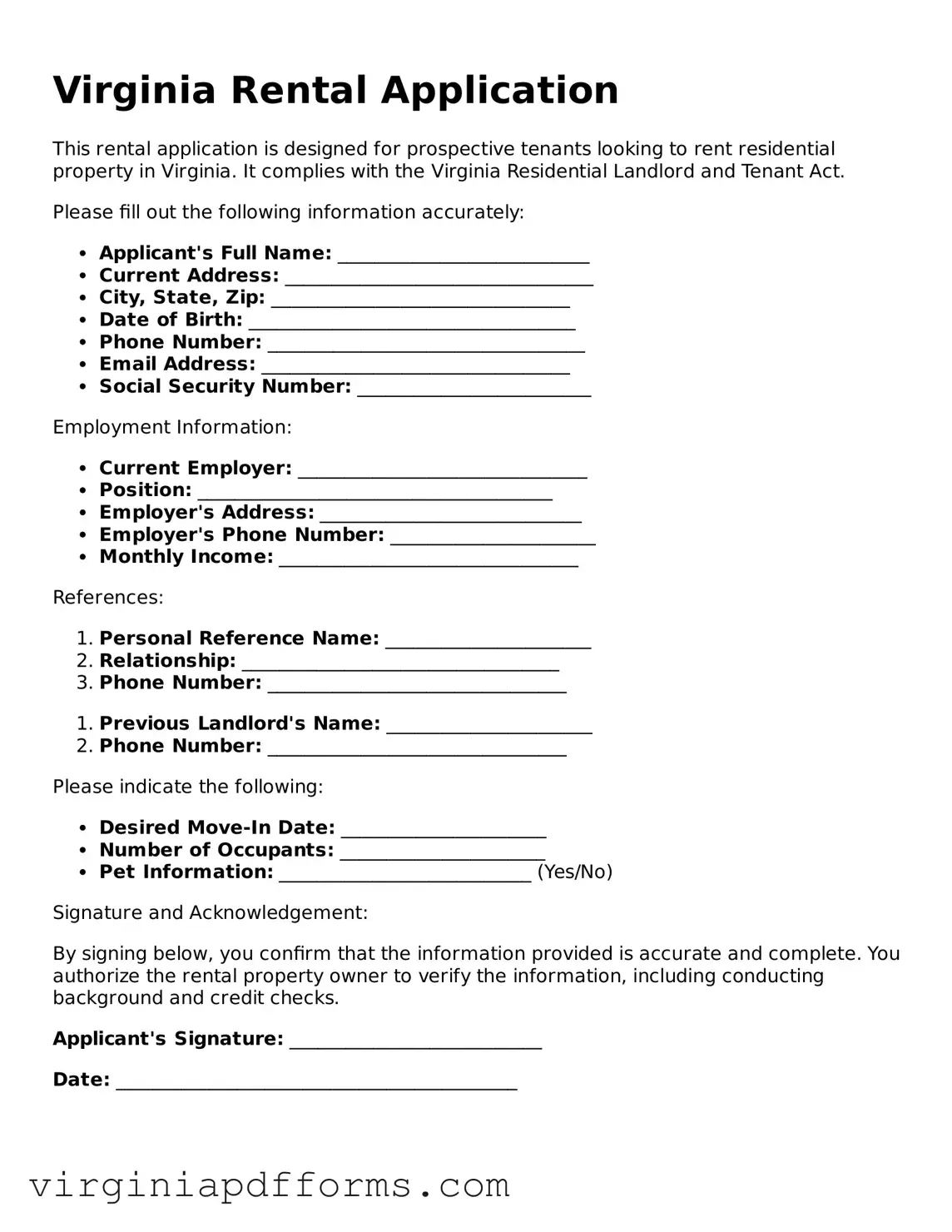 Attorney-Approved Virginia Rental Application Document