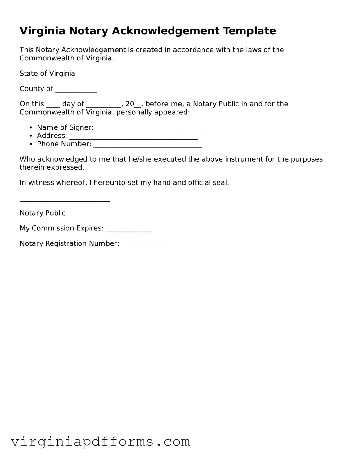 Attorney-Approved Virginia Notary Acknowledgement Document