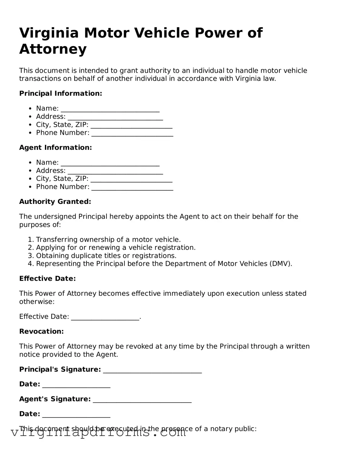 Attorney-Approved Virginia Motor Vehicle Power of Attorney Document