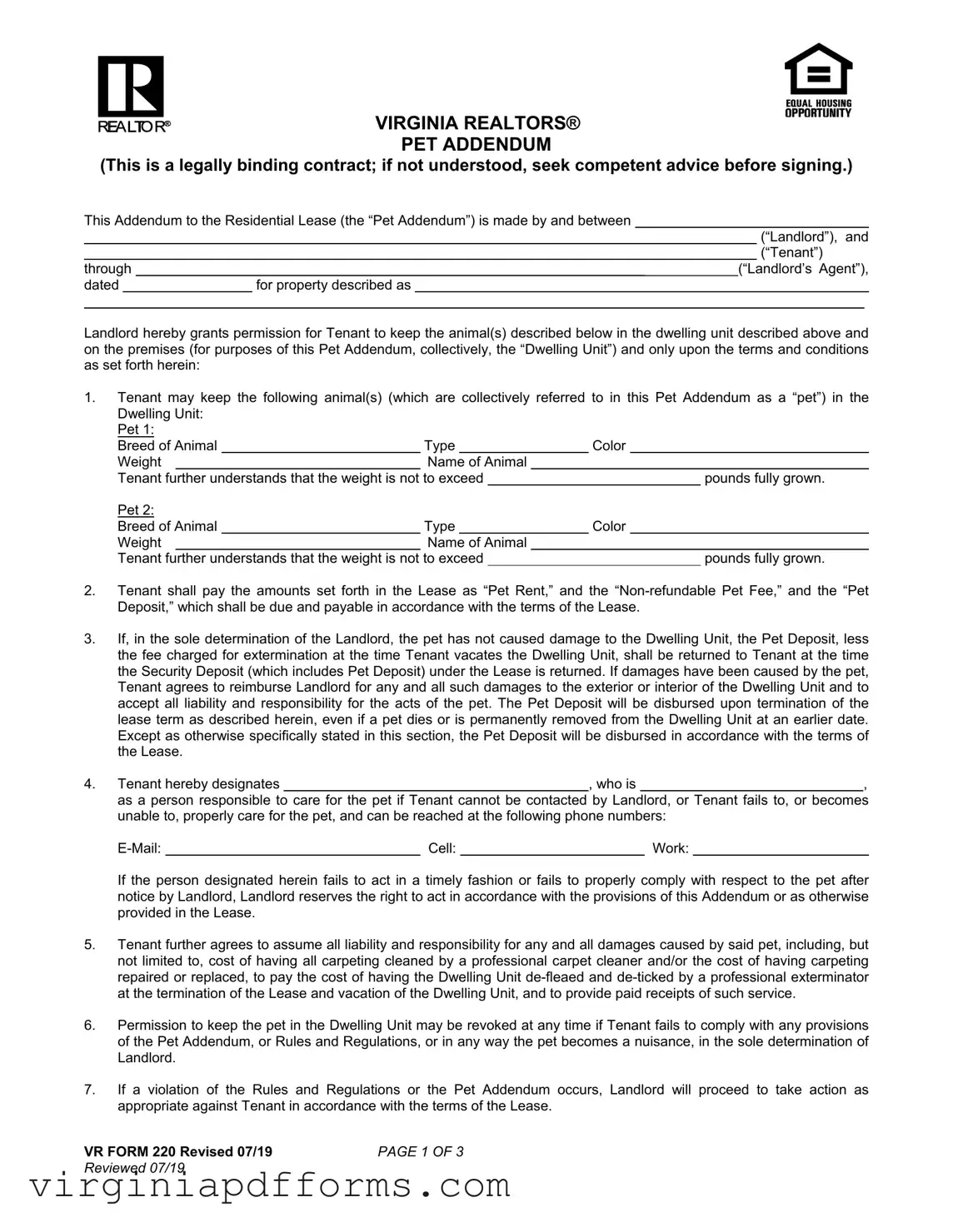 Fill in a Valid Virginia Realtors Pet Addendum Template