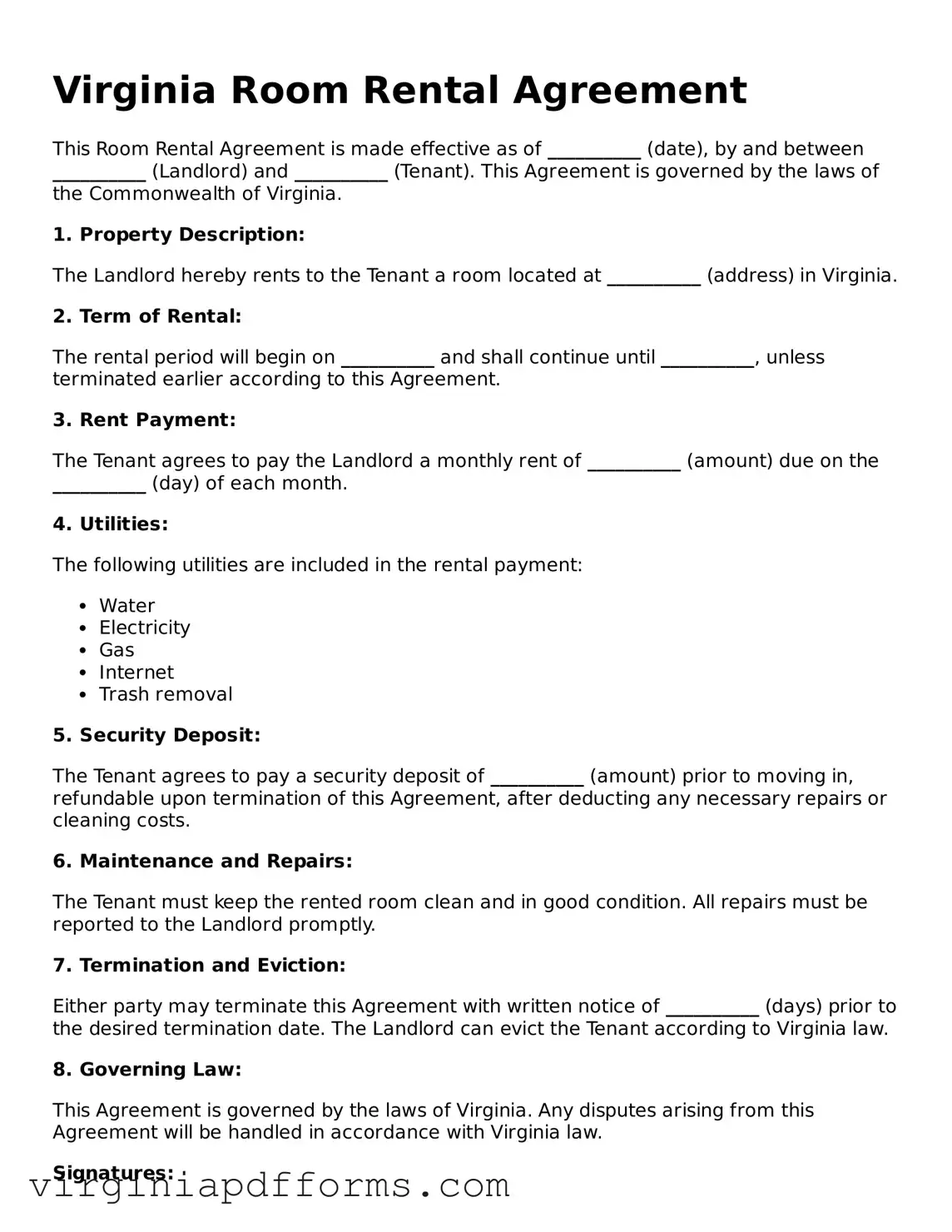 Attorney-Approved Virginia Room Rental Agreement Document