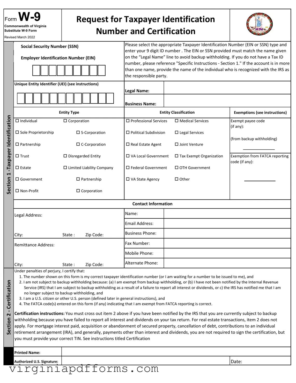 Fill in a Valid Virginia State W 9 Template