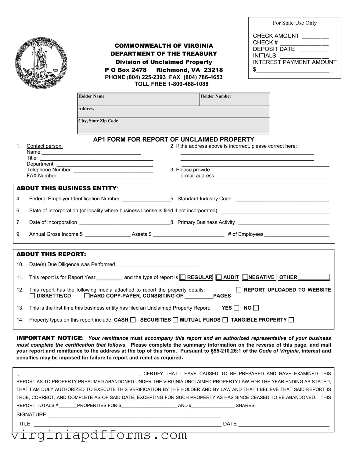 Fill in a Valid Virginia Unclaimed Property Template